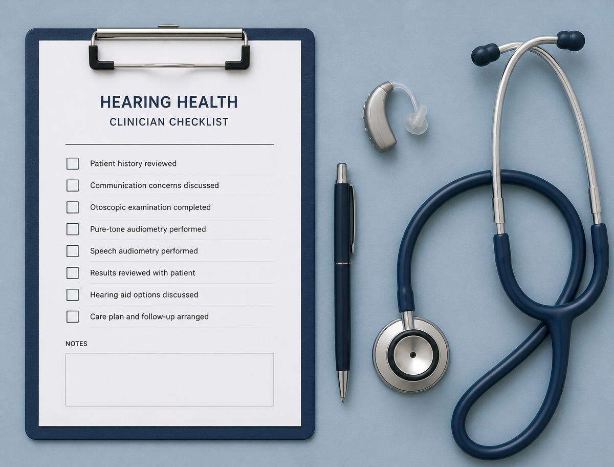 Hearing health clinician checklist and equipment flat lay
