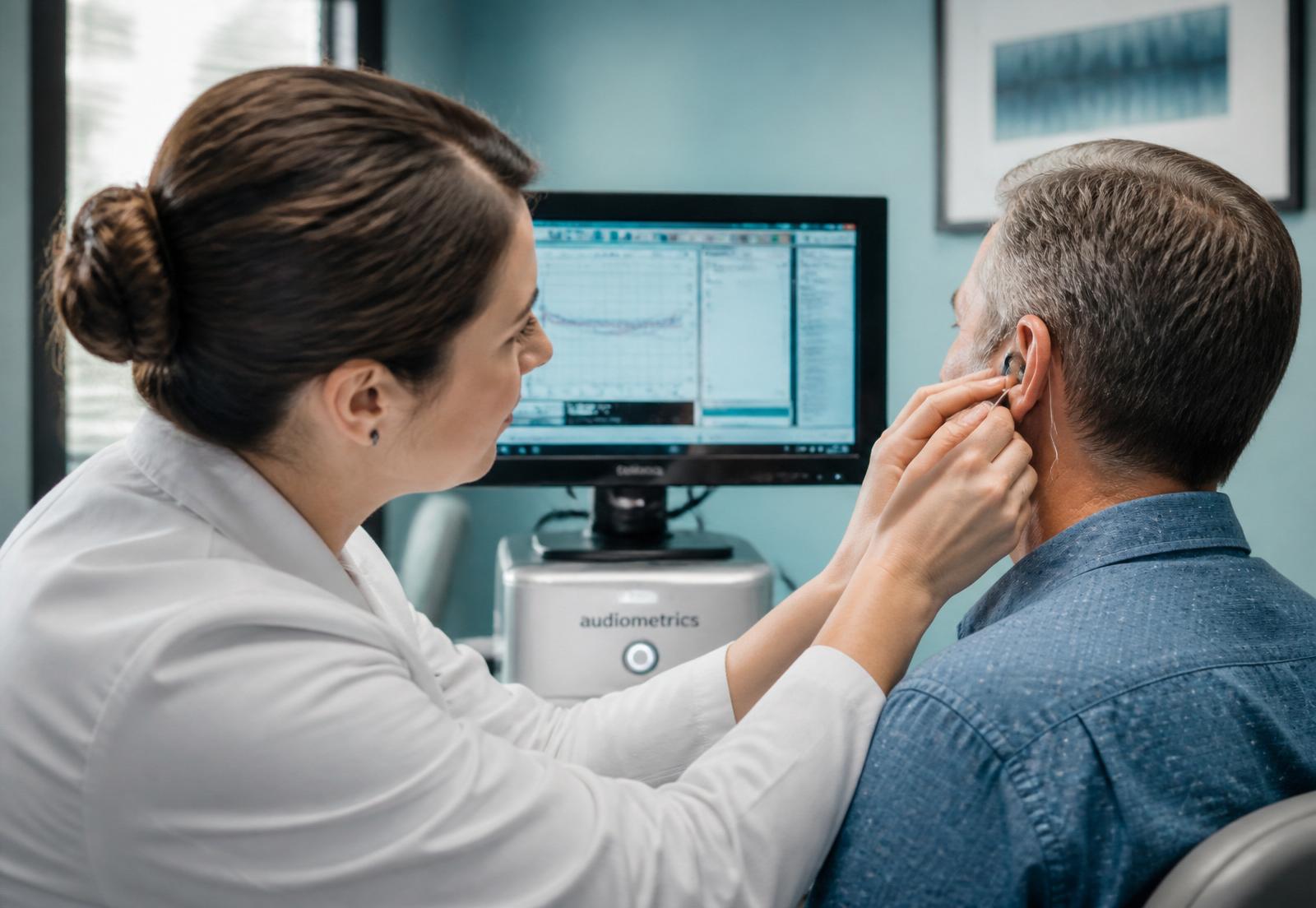 Audiologist performing real ear measurement on a patient